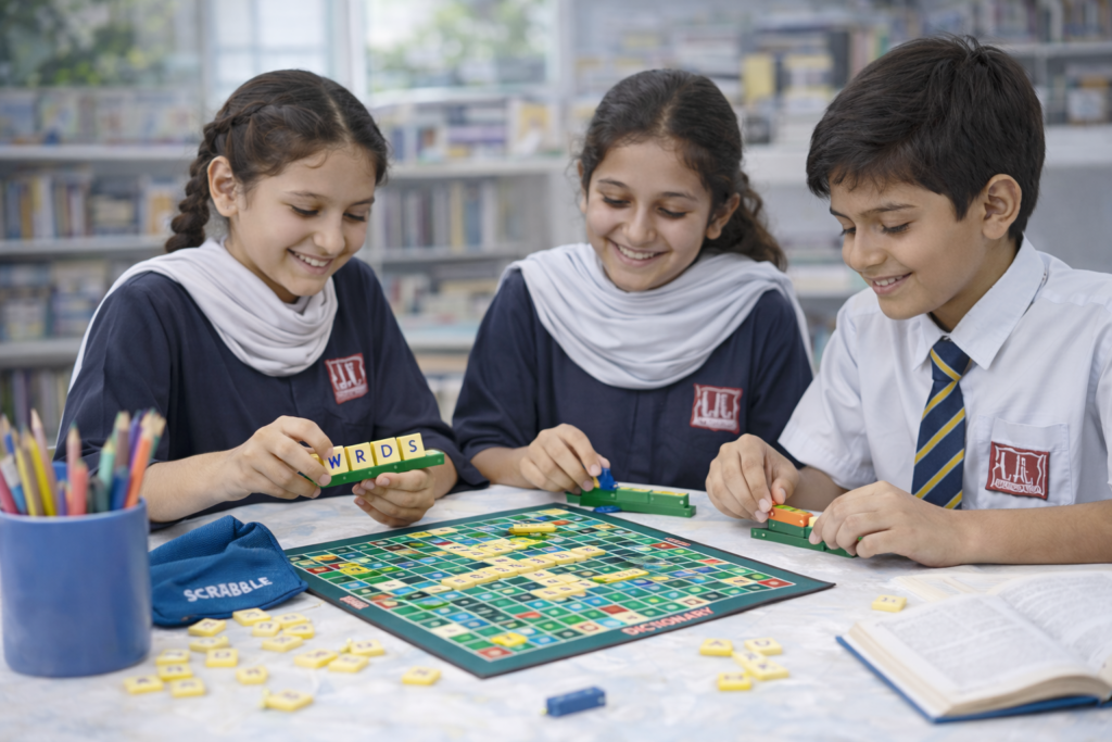 Students of The Lincoln School, Mirpurkhas Campus are playing scrabble game which is creative at school library.